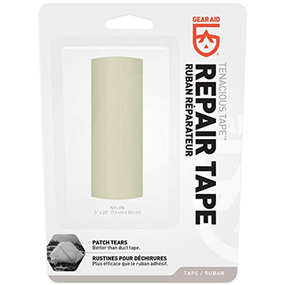 GEAR AID Tenacious Tape 3” x 20” Ripstop Fabric Gear Repair Tape, Fix Holes and Rips in Puffy Jackets, Rain Gear, Tents, Sleeping Bags and Outdoor Equipment, Off-White, 1 Roll - color: Off-White, style: 3" × 20" (1 Roll)