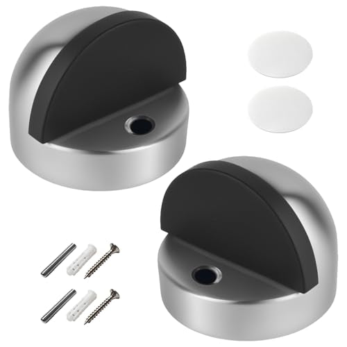 Floor Door Stopper, Stainless Steel Adhesive Door Stopper for Bottom of Door, No Drill Floor Mounted Door Stops with Rubber Bumper, Wall Protector for Bedroom, Bathroom & Office, 2 Pack, Silver