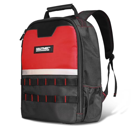 HAUTMEC Tool Backpack with Laptop Compartment, Heavy-Duty 1680D Oxford Tool Bag with Impact-Resistant Base, 11 Pockets, Padded Straps, Portable Tool Organizer for Technicians, Contractors – HT0407 - color: Red & Black