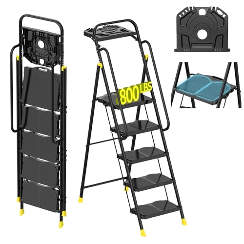 5 Step Foldable Step Ladder Stool with Roomy Tool Tray and Secure Handrail, Foldable Platform Ladder 5 Step Folding Stepstools with Wide Pedals and 800lbs Weight Capacity for Adults, Home, Kitchen - color: Black Yellow, size: 5 Step