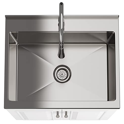 SIMPLIHOME Darwin All-in-One 24 inch Wide Utility Sink and Laundry Cabinet in Pure White Finish, Transitional Stainless Steel Sink Cabinet for Laundry Rooms with High-Arch Chrome Faucet and Storage - size: 24 Inch, style: Stainless Steel Sink