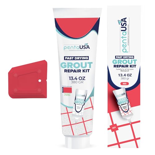 PentaUSA Tile Grout Repair Kit - Red Premixed Acrylic Sanded Grout, Water-Resistant Grout Filler for Bathroom&Shower, Kitchen Floor, Fast Drying, with Applicator, 13.4 oz (380g) - style: Red