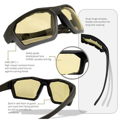 ANSI Z87.1+ Safety Sunglasses, Impact Resistant with EVA Foam, Anti-Fog Windproof for MTB, Cycling, Shooting, Work - color: Green-grey