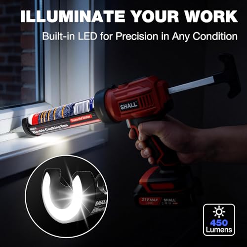 SHALL 21V Cordless Caulking Gun, Electric Caulk Gun with 2 x 2.0Ah Batteries & Silicone Finishing Tool Kit, 4 Adjustable Speeds, Anti-Drip, Fits 10oz/300ml Cartridges for Bathroom Kitchen Tile Sealing