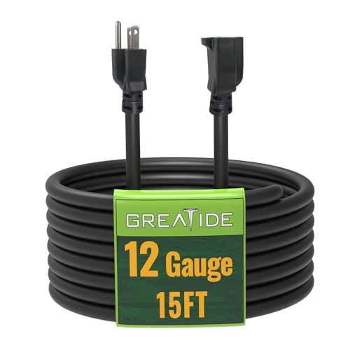 15 Ft Outdoor Extension Cord - 12/3 SJTW Heavy Duty Black Extension Cable with 3 Prong Grounded Plug - Power Cord for Lawn, Garden, Appliances - color: Black, size: 15 ft