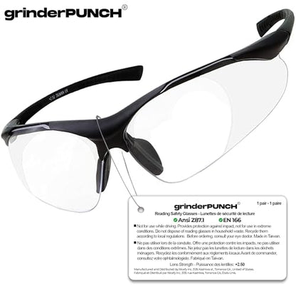 grinderPUNCH Full Lens Magnification Safety Glasses Readers ANSI Z87 Impact Resistant Diopter Magnifying Reading Glasses - style: +2.50 Diopter