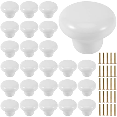 KEILEOHO 25 Pack Ceramic Cabinet Knobs, 1.26Inch/32mm White Drawer Knobs with Screws, Round Drawer Dresser Knob Pulls, White Cabinet Knob for Dresser, Door, Kitchen - size: 25 PCS