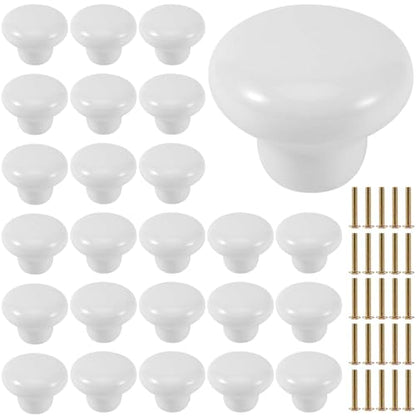KEILEOHO 25 Pack Ceramic Cabinet Knobs, 1.26Inch/32mm White Drawer Knobs with Screws, Round Drawer Dresser Knob Pulls, White Cabinet Knob for Dresser, Door, Kitchen - size: 25 PCS