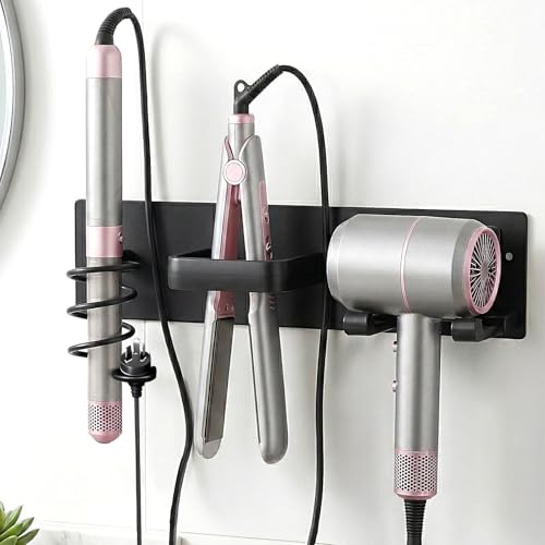 Hair Dryer Holder Wall Mounted 3 in 1 Bathroom Hair Tool Organizer Rack with Curling Iron Holder & Flat Iron Holder Blow Dryer Holder for Universal Dryer, Matte Black