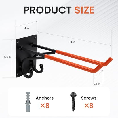 REEWII 14" Large Heavy Duty Garage Hooks,2 Pack Double-Layer Steel Wall Hook,Non-Slip Coated Gardening Tool Hook for Tool Organization, Shed Storage, Ladder Hook, Car Tire Storage - size: 2 Pack