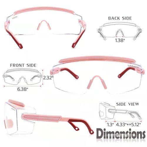 UKNOW Safety Goggles Over Glasses, Anti Fog Safety Glasses with Clear Wraparound Lens, ANSI Z87.1 Protective Eyewear - color: Melon Pink