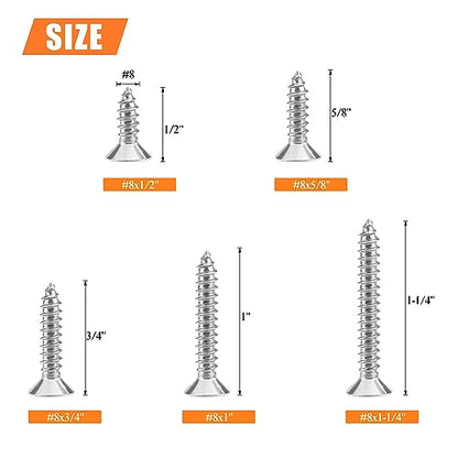 #8 x 1/2" 5/8" 3/4" 1" 1-1/4" Wood Screws Set, HELIFOUNER 140 Pieces Phillips Countersunk Head Self-Tapping Screws Assortment Kit, Phillips Flat Head Wood Screws, 304 Stainless Steel - size: #8
