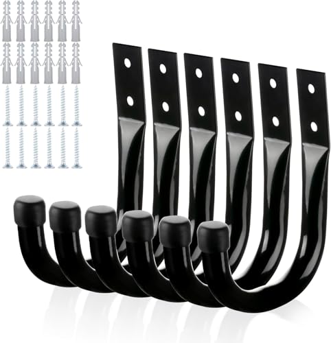 6Pcs Metal Wall Hooks for Hanging Heavy Duty, Garage Organization and Storage Hook for Extension Cord Tool Coat Backpack Bag, Black Wall Mount Hanges for Outdoor Indoor