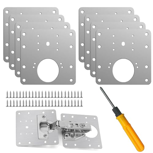 8 Pcs Stainless Steel Cabinet Hinge Repair Plate Kit with Screws and Mounting Tools for Wooden Kitchen Cabinets and Doors