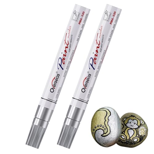 Overseas Permanent Paint Pens Silver Markers - 2 Pack Metallic Oil Based Paint Markers, Medium Tip, Quick Drying and Waterproof Marker Pen for Metal, Rock Painting, Wood, Plastic, Canvas, Mugs - color: Silver