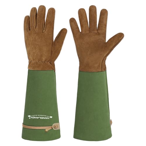 HANDLANDY Long Gardening Gloves for Men & Women, Pigskin Leather Rose Pruning Gloves, Breathable Thorn Proof Gauntlet Glove (Moss Green, S) - color: Moss Green, size: Small (Pack of 1)