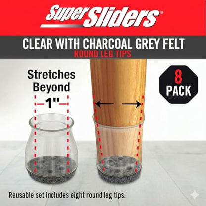 Super Sliders 1 Inch Round Chair Leg Tips with Felt Bottom – Heavy Duty Silicone Furniture Leg Caps, Steel Reinforced Floor Protectors for Chairs & Tables, 8 Count