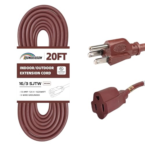 20FT Brown Outdoor Extension Cord-16/3 SJTW Durable Extension Cord for Christmas Lights with 3 Prong Grounded Plug, Great for Outside Christmas Decorations - color: Brown, size: 20FT
