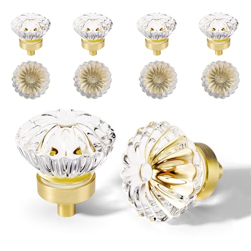 Brushed Gold Crystal Cabinet Knobs Cabinets Knob, 8 Pack Flower Vintage Glass Clear Crystal Small Pull For Closet Dresser Drawers Cupboard Wardrobe, Solid Alloy Retro Pulls Old Fashioned Drawer Handle - color: Brushed gold, size: 8pack
