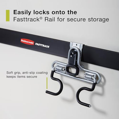 Rubbermaid FastTrack 2-Handle Hook (S Hook) Mounted Garage Storage and Space Saving Organization System Metallic Powder-Coated Steeel for Rakes/Brooms/Toys/Ladders - size: 1 Count (Pack of 1), style: Double-Handle Hook