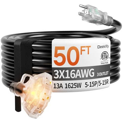 50 ft 16/3 awg 3 Outlet Extension Cord Splitter with Indicator, Waterproof Outdoor Extension Cord with Multiple Outlets, 13A 1625W for Home & Workshop, ETL Listed, Black SJTW - color: Black, size: 50FT