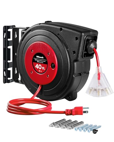 Retractable Extension Cord Reel, 40 FT Heavy Duty Power Cord, 12AWG/3C SJTOW, 3 Grounded Outlets Lighted Triple Tap, 15 Amp Circuit Breaker, UL Listed, Red R40CR06 - color: Red
