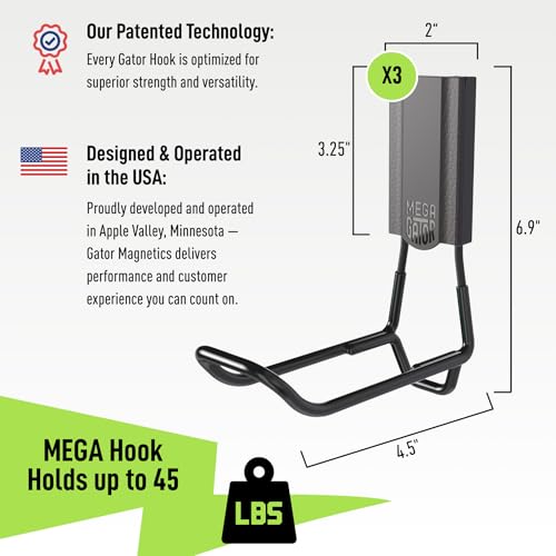 GATOR MAGNETICS MEGA 4.5 in Closed Hooks, 45 lb Heavy Duty Magnetic Hooks for Steel Surfaces, Patented Easy-Release, Non-Slip Grip – Storage & Organization, Garage, Home Tools & Gear Storage – 3 Pack - size: 4.5", style: Closed