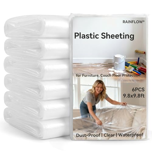 RAINFLOW Plastic Sheeting Heavy Duty - 6 PCS Disposable Clear Tarp Waterproof 0.4 Mil 9.8 X 9.8 Ft Dust Cover for Furniture, Couch and Floor Protection During Painting Lightweight Anti-Dust Cover