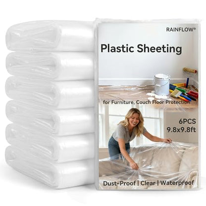 RAINFLOW Plastic Sheeting Heavy Duty - 6 PCS Disposable Clear Tarp Waterproof 0.4 Mil 9.8 X 9.8 Ft Dust Cover for Furniture, Couch and Floor Protection During Painting Lightweight Anti-Dust Cover