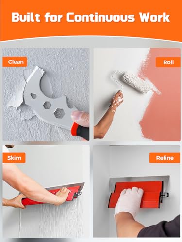 AZUNO Drywall Skimming Blade Set| 10,24,32 Inch Stainless Steel Skimming Blades| 27"-60" Extension Handle, Compound Roller & Putty Knife for Wall & Ceiling Finishing - size: 10+24+32 inch