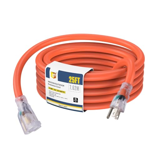 EP 25 Ft Lighted Outdoor Extension Cord - 10/3 SJTW Heavy Duty Orange Extension Cable with 3 Prong Grounded Plug for Safety, UL Listed - color: Orange, size: 25ft