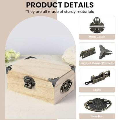 Retro Hardware Kit Includes Hasp Latch Padlock Hinges Corner Protectors and Pull Handle, Antique Decorative Kit with Screws for Jewelry Box Cabinet Wooden Box Handcrafts Project Bronze