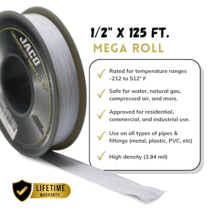 JACO ThreadPro High-Density Thread Seal Tape - 1/2" x 125 ft. (Mega Roll) | Professional PTFE Pipe Sealant | Plumbers Tape (2-Pack) - size: 1/2" x 125 ft (2-Pack)