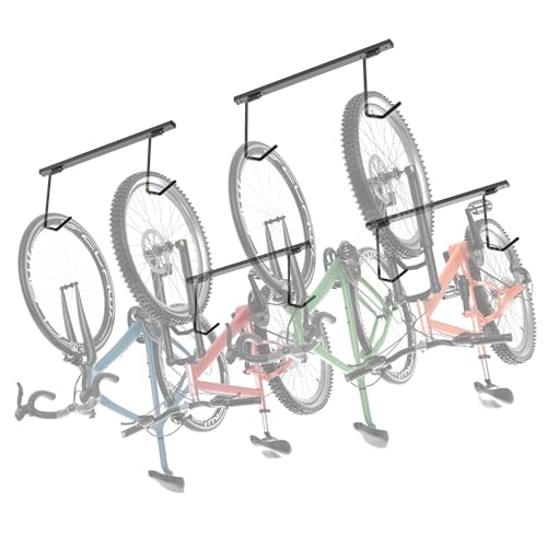 TORACK Overhead Bike Rack for Garage, Ceiling-Mounted Bicycle Storage Hooks for 4 Bikes (Horizontal) or 8 Bikes (Vertical), Adjustable Bicycle Hooks for Mountain, Road Bikes - style: for 4 bikes