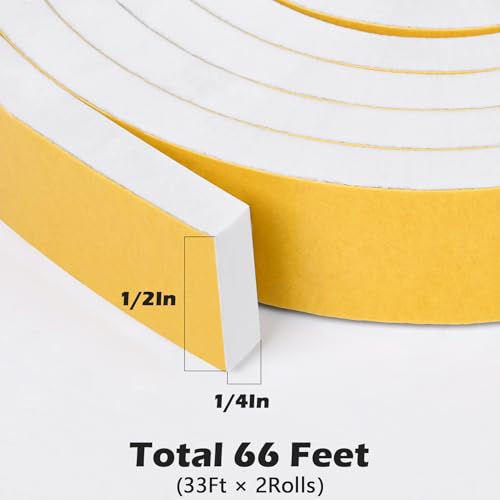 ToLanbbt White Door Window Weather Stripping Self Adhesive Foam Tape High Density Foam Sealing Strip Window Insulation Weatherproof Gasket Tape 1/2" Wide X 1/4" Thick, 33 Ft X 2 Rolls, Total 66 Feet - color: White, size: 1/2 in X 1/4 in X 66ft