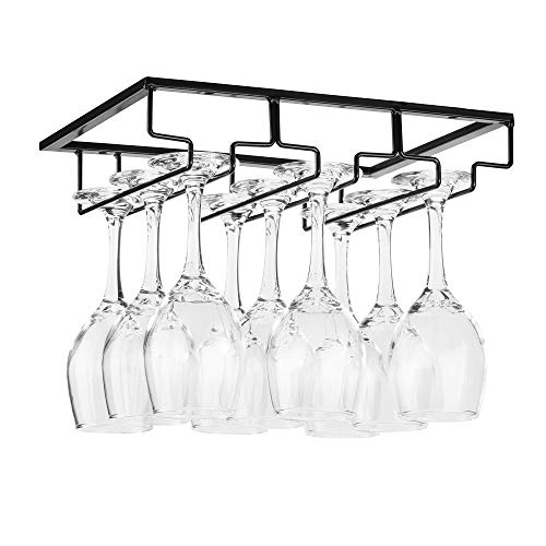 FOMANSH Wine Glass Rack - Under Cabinet Stemware Wine Glass Holder Glasses Storage Hanger Metal Organizer for Bar Kitchen Black - color: Black, size: 3 Rows 1 Pack
