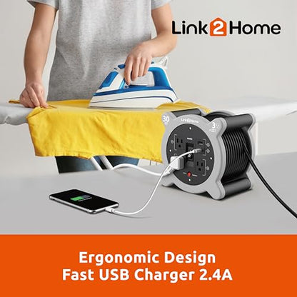 Link2Home Cord Reel 30 ft. Extension Cord 3 Power Outlets, 2 USB Ports A/C, 2.4A Fast Charge – 16 AWG SJT Cable.