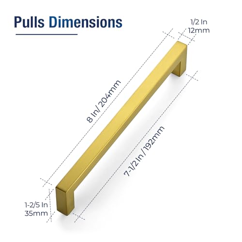 JOY DECOR 2 Pack Cabinet Handles, Gold Cabinet Pulls, 7-1/2 Inch Kitchen Handles Square Drawer Pulls Stainless Steel Drawer Hardware, 192mm Hole Center - size: 7-1/2 Inch Hole Center