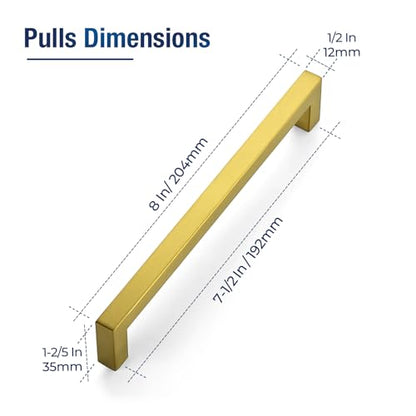 JOY DECOR 2 Pack Cabinet Handles, Gold Cabinet Pulls, 7-1/2 Inch Kitchen Handles Square Drawer Pulls Stainless Steel Drawer Hardware, 192mm Hole Center - size: 7-1/2 Inch Hole Center