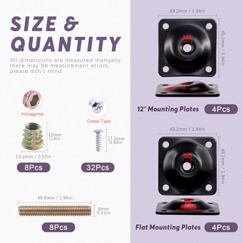 Swpeet 8 Sets Black 12 Degree + Flat Angled Leg Mounting Plates with Hanger Bolts Screws, Furniture Leg Attachment Plates Industrial Strength T-Plate M8 Sofa Legs with Hanger Bolts - style: Black Flat + 12° Furniture Legs