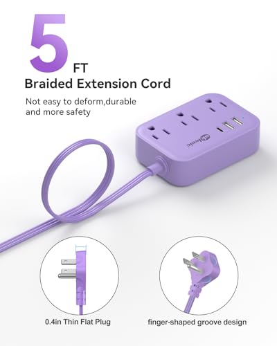 Purple Extension Cord with 3 Outlets & 3 USB(1 USB C), Cute Small Extension Cord 5ft, Travel Power Strip Flat Plug with USB Charging Station, Compact for Cute Purple Kawaii Lavender Desk Accessories - size: 5FT-Purple