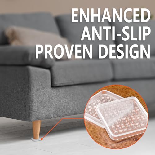 8 Pcs Clear Furniture Coaster Cups for Hardwood Floor, 4" Square Non-Slip Rubber Furniture Pads, Heavy Duty Anti-Skid Floor Protectors for Bed & Couch Leg, Odorless & Non-Staining Rubber Gripper Feet - size: 4“-square