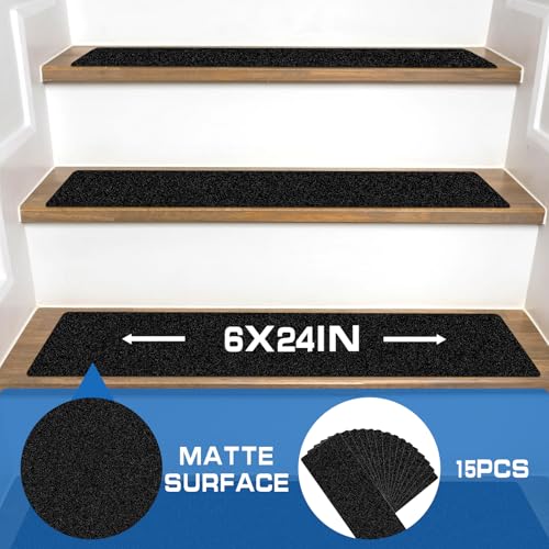 LadyRosian Outdoor Stair Treads Non Slip 15-Pack Black 6" x 24" - Weather Resistant Adhesive Heavy Grip Tape - Waterproof Anti Skid Strips - color: Black, size: 6" X 24"