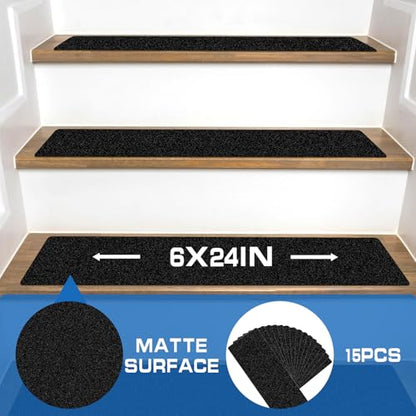 LadyRosian Outdoor Stair Treads Non Slip 15-Pack Black 6" x 24" - Weather Resistant Adhesive Heavy Grip Tape - Waterproof Anti Skid Strips - color: Black, size: 6" X 24"