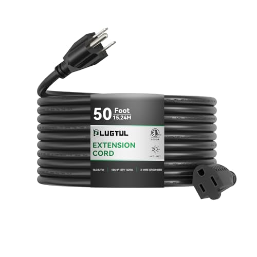 PLUGTUL Outdoor Extension Cord 50 FT Waterproof, 16/3 Gauge Black Heavy Duty 3 Prong Extension Cord, 13A 1625W SJTW, ETL Listed, Great for Garden and Home - size: 50FT