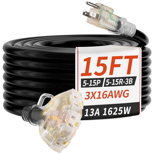 PlugSaf 15 FT 16/3 Gauge Outdoor Extension Cord with Multiple Outlets Light Indicator, Flexible 3 Outlet Weatherproof Extension Cord Waterproof Black, 13A 1625W 16AWG SJTW, ETL Listed - color: Black, size: 15FT