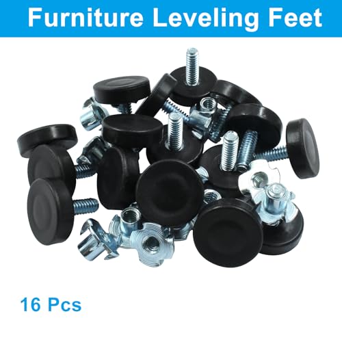 16 Pcs 1/4" Furniture Leveling Feet Adjustable Table Levelers T-Nut Kit Chair Glide Leveling Screw in Threaded for Patio Furniture Tables Chairs - size: 1/4" with T-Nut