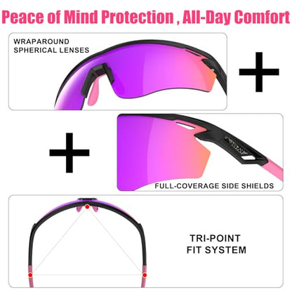 Polarized Sports Sunglasses for Men Women,Wrap Around Sun Glasses for Running Cycling Baseball Fishing Golf Hiking - color: Black Pink