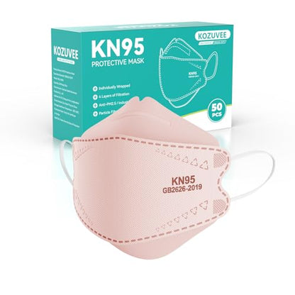 KN95 Face Masks Black for Adults, Individually Wrapped, Breathable Disposable KN95 Mask with Elastic Ear Loop - color: Pink 50 Pack