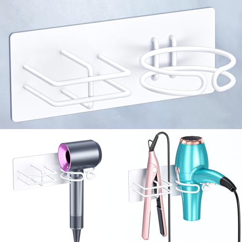 Hair Dryer and Straightener Holder Wall Mounted, Self Adhesive Blow Dryer and Flat Iron Storage Hair Tool Organizer for Bathroom Vanity (White) - color: White